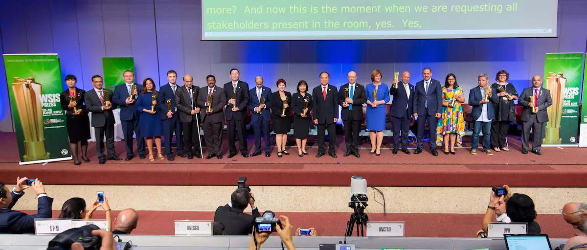 The 2017 WSIS Prize winners on stage at the WSIS Forum, Geneva.